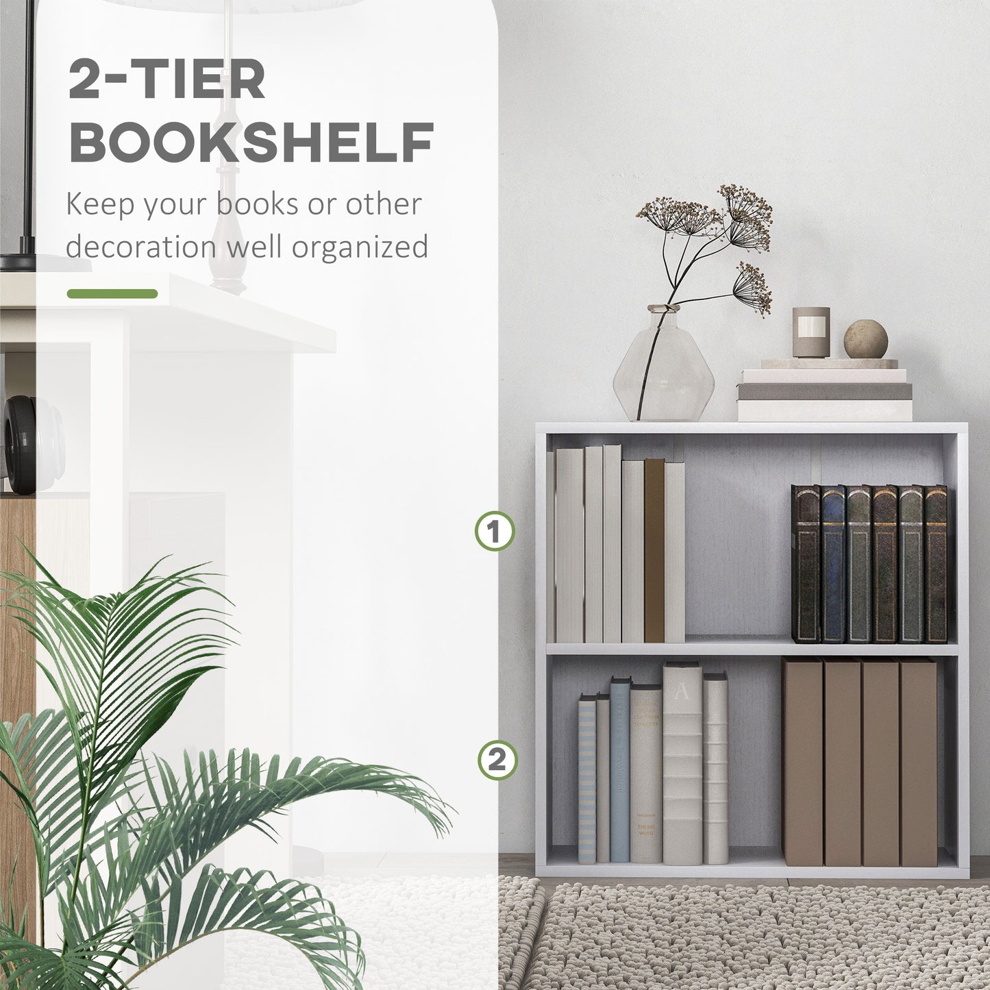 HOMCOM 2 Tier Bookshelf, Low Bookcase with Adjustable Shelf, 2 Compartments for Home Office, Living Room, Study in White-3