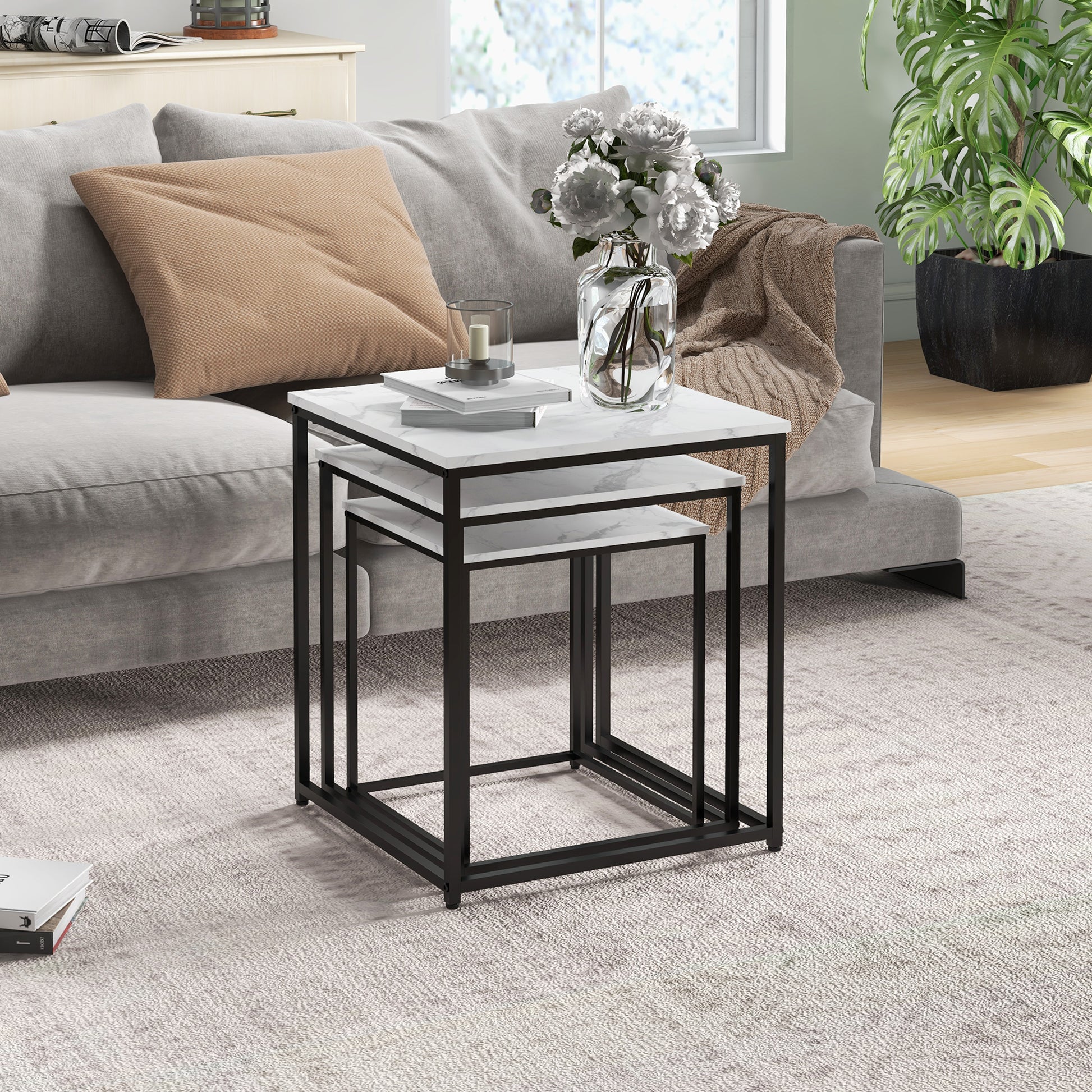HOMCOM Nesting Tables Set of 3, Side End Table with Faux Marble Effect Top and Steel Legs for Living Room, Bedroom in White-5