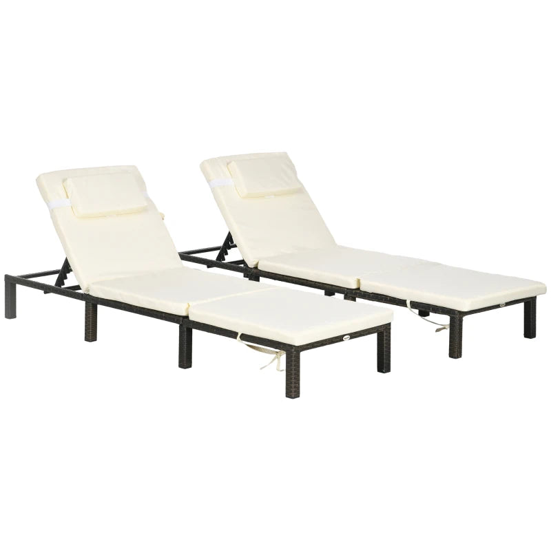 Outsunny Rattan Sun Loungers Set of 2 with 5-Level Adjustable Backrest, Wicker Lounge Chairs with Padded Cushion and Headrest for Outdoor, Poolside, Garden, Cream White-0
